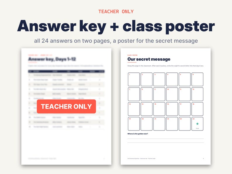 May include: A teacher resource set featuring an answer key for days 1-12 and a class poster titled Our secret message. The poster contains a grid of 24 numbered boxes, with a green star in box 24 and two lines at the bottom for a written response.