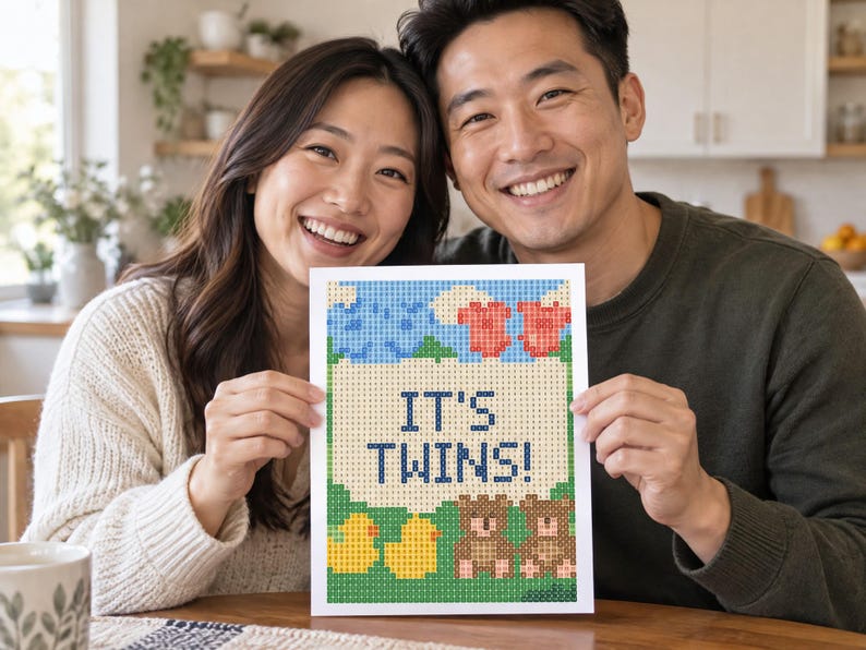 May include: A rectangular diamond painting craft project featuring a pixelated design with the text IT'S TWINS! in dark blue. The image includes two red baby onesies, two brown teddy bears, and two yellow rubber ducks against a green background.