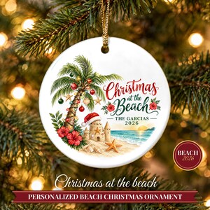 Beach Christmas Ornament 2026, Coastal Family Vacation Keepsake, Holidays at the Beach Custom Name Decor, Palm Tree Starfish Ceramic Gift 画像 1