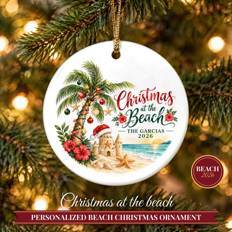 Beach Christmas Ornament 2026, Coastal Family Vacation Keepsake, Holidays at the Beach Custom Name Decor, Palm Tree Starfish Ceramic Gift 画像 1
