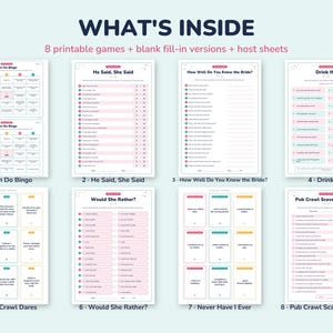 May include: A collection of eight printable bachelorette party games on white paper with pastel accents. The text includes titles like What's Inside, Hen Do Bingo, He Said She Said, How Well Do You Know the Bride, Drink If, Pub Crawl Dares, Would She Rather, Never Have I Ever, and Pub Crawl Scavenger Hunt.