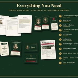 May include: A murder mystery game kit featuring printed documents, character cards, and a newspaper titled The Hollyfield Gazette. The set includes eleven components such as booklets, scripts, clue cards, invitations, and ballots on a dark green background.