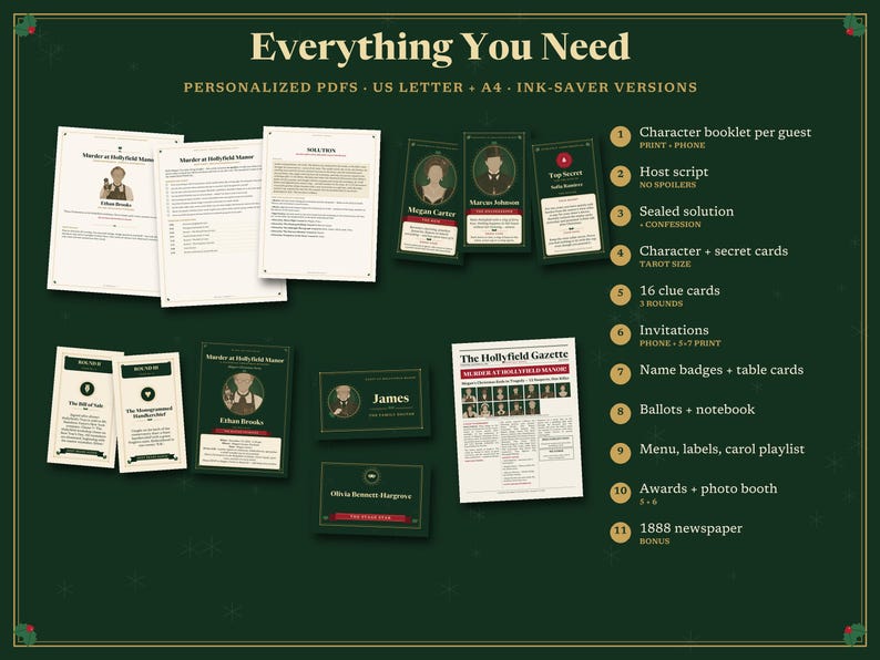 May include: A murder mystery game kit featuring printed documents, character cards, and a newspaper titled The Hollyfield Gazette. The set includes eleven components such as booklets, scripts, clue cards, invitations, and ballots on a dark green background.