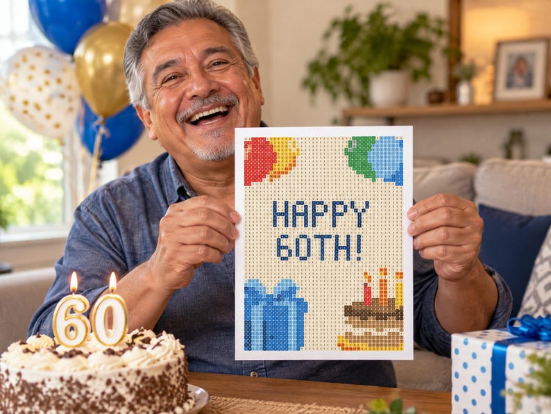 Pu&ograve; includere: Una stampa rettangolare con un design pixelato e la scritta HAPPY 60TH! in blu. L'illustrazione include palloncini colorati rossi, gialli, verdi e blu, un regalo blu e una torta di compleanno con tre candeline accese su uno sfondo color crema.