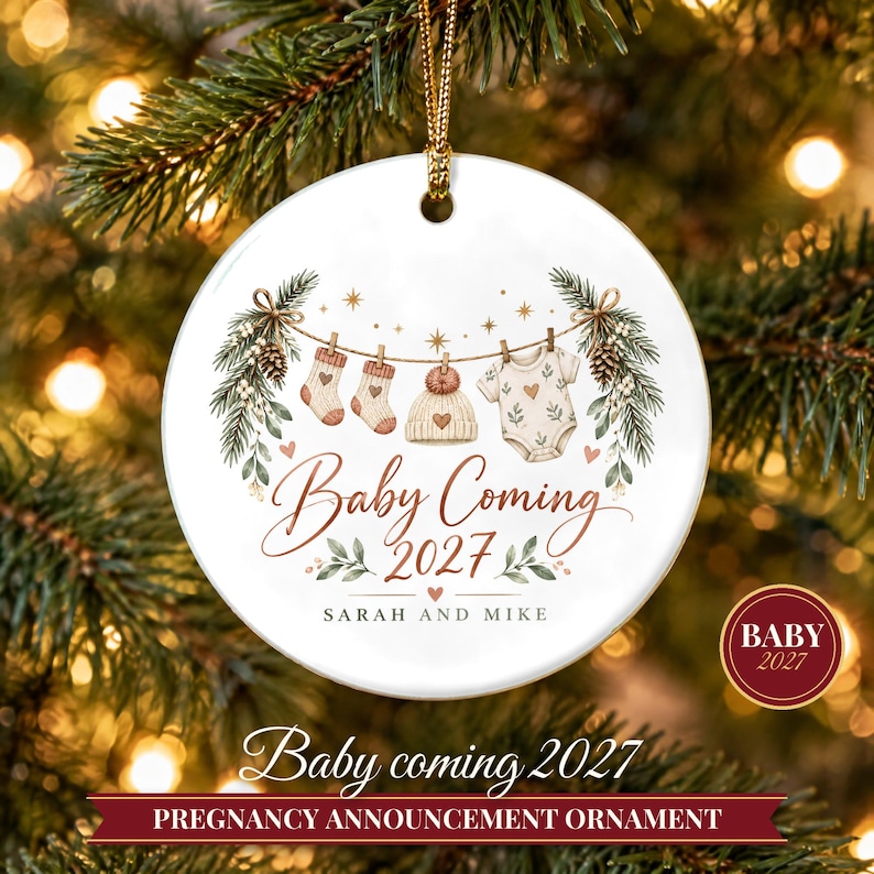 Pregnancy Announcement Ornament, Baby Coming 2027 Christmas Reveal, Expecting Parents Gift, Baby on the Way Keepsake with Name image 1