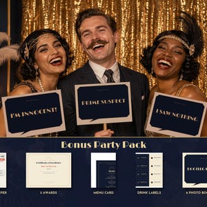 May include: A party pack featuring a 1927 newspaper, five awards, a menu card, drink labels, and six photo booth signs with text including I'M INNOCENT!, PRIME SUSPECT, I SAW NOTHING, and BOOTLEG GIN ONLY, displayed with three people holding signs.