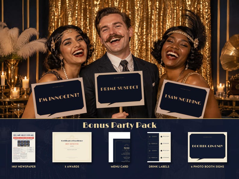 May include: A party pack featuring a 1927 newspaper, five awards, a menu card, drink labels, and six photo booth signs with text including I'M INNOCENT!, PRIME SUSPECT, I SAW NOTHING, and BOOTLEG GIN ONLY, displayed with three people holding signs.