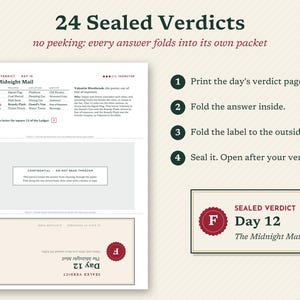 May include: A printable game sheet titled 24 Sealed Verdicts, featuring instructions for folding answer packets. The document includes a table for The Midnight Mail, a confidential section, and a Day 12 label with a red circular seal and letter F.