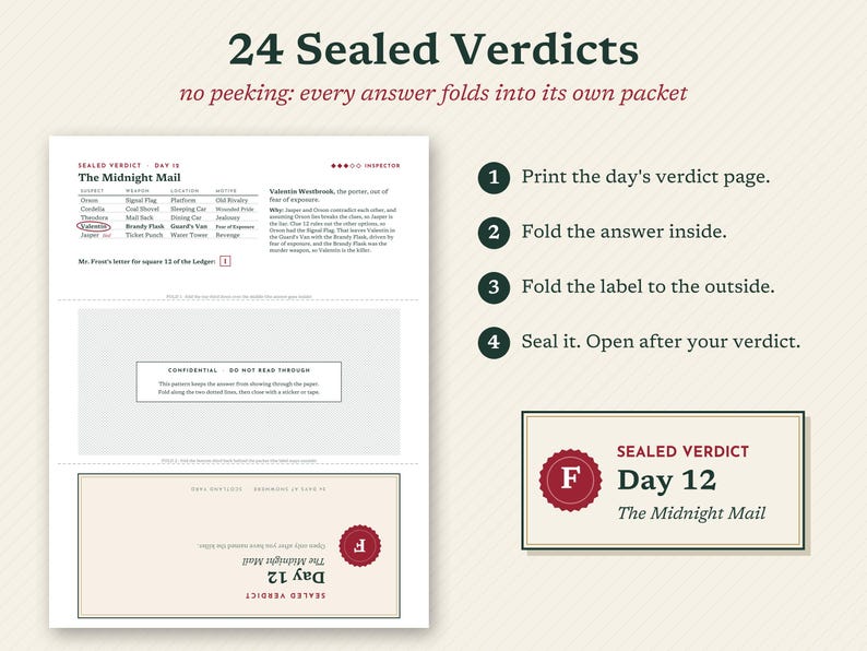 May include: A printable game sheet titled 24 Sealed Verdicts, featuring instructions for folding answer packets. The document includes a table for The Midnight Mail, a confidential section, and a Day 12 label with a red circular seal and letter F.