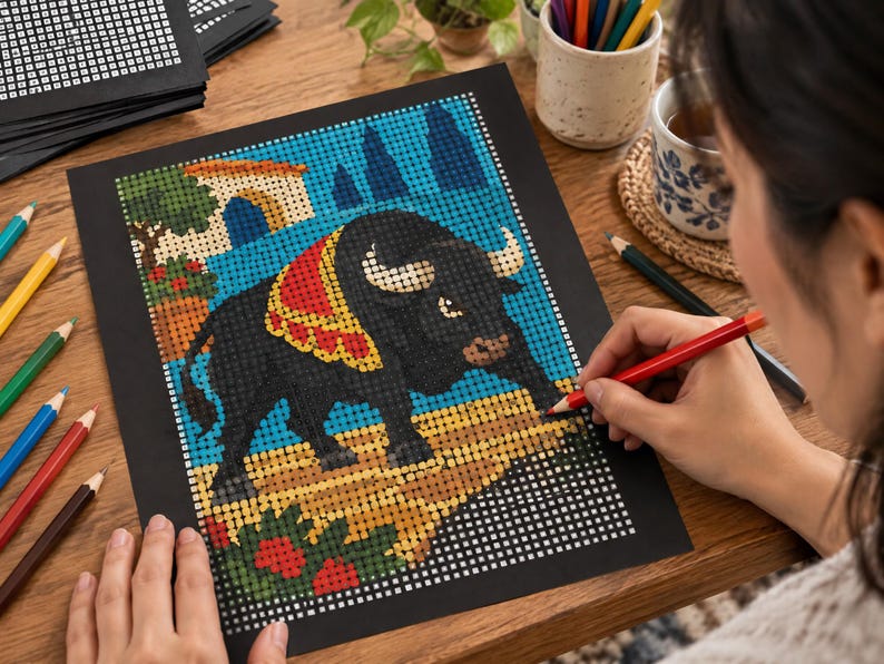 May include: A square coloring page featuring a black bull with a red and gold decorative blanket, standing on a tan ground against a blue background with a small building and trees, rendered in a grid-based pixel art style on black paper.