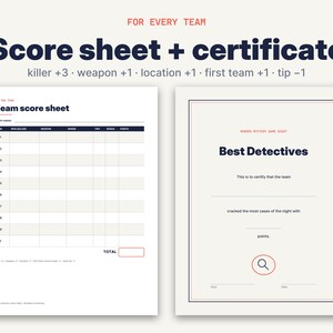 May include: A team score sheet and a Best Detectives certificate for a murder mystery game. The score sheet includes columns for killer, weapon, location, and points. The certificate features a magnifying glass icon and blank lines for team names and dates.