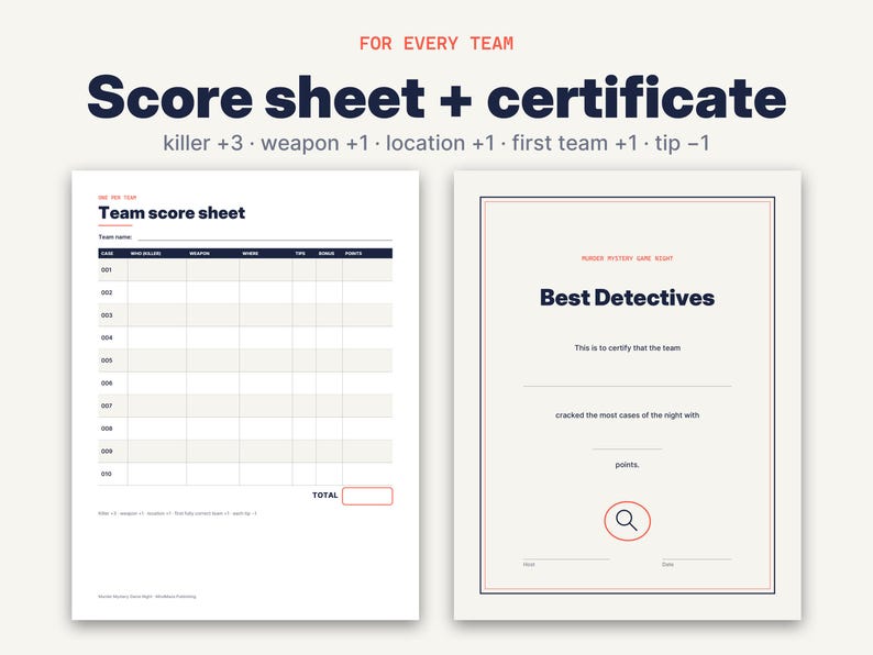 May include: A team score sheet and a Best Detectives certificate for a murder mystery game. The score sheet includes columns for killer, weapon, location, and points. The certificate features a magnifying glass icon and blank lines for team names and dates.