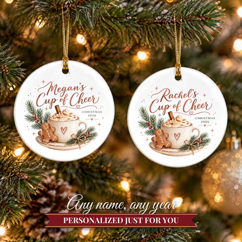Coffee Lover Gift Christmas Ornament 2026, Latte Cup of Cheer Custom Name Keepsake, Gingerbread Cookie Barista Ceramic Tree Decor for Her image 9