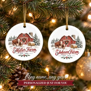 Farm Ornament Christmas 2026, Red Barn Family Name Est Keepsake, Farmhouse Cows Hay Bale Country Decor, Farmer Gift Ceramic Ornament image 9