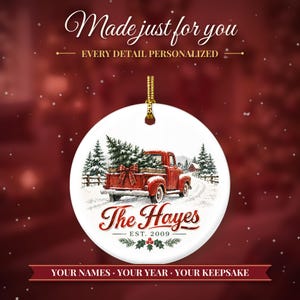 Red Truck Ornament Christmas 2026, Vintage Pickup Family Name Keepsake, Farmhouse Christmas Tree Decor, Est Year Custom Ceramic Gift image 2