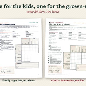 May include: Two printed game sheets titled The Silent Music Box and The Last Stir-Up Sunday. Each page features a mystery narrative, lists of suspects, items, and locations, a logic grid puzzle, and a section for a verdict, designed for two levels.
