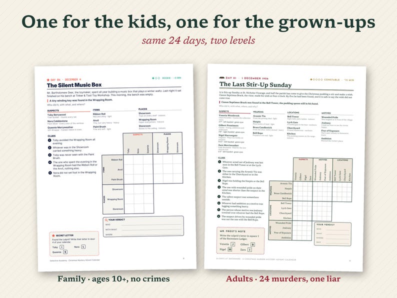 May include: Two printed game sheets titled The Silent Music Box and The Last Stir-Up Sunday. Each page features a mystery narrative, lists of suspects, items, and locations, a logic grid puzzle, and a section for a verdict, designed for two levels.