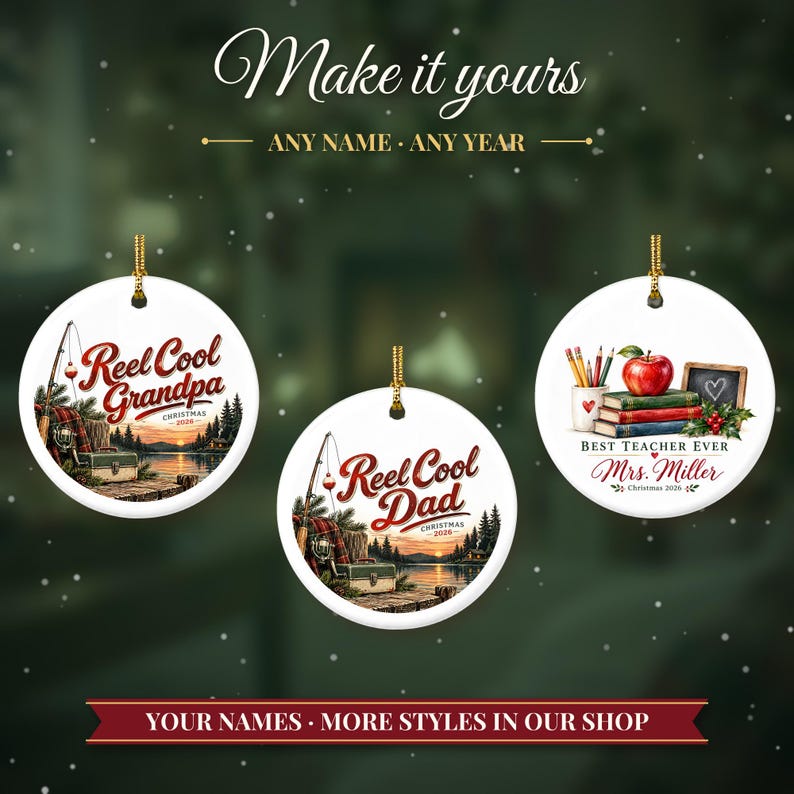 Adorno navideño de pesca 2026, regalo para papá pescador, recuerdo personalizado con el nombre de Reel Cool Dad, decoración de árbol de Navidad de cerámica con flotador para cabaña de lago imagen 3