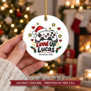 Gamer Ornament Christmas 2026, Gamer Gift for Boys and Teens, Level Up Custom Name Keepsake, Video Game Controller Ceramic Tree Decor image 12
