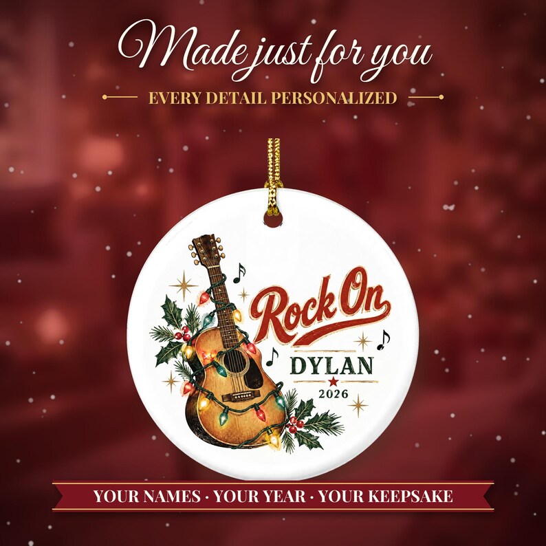 Guitar Ornament Christmas 2026, Guitar Player Gift for Musician, Rock On Custom Name Keepsake, Acoustic Lights Music Lover Ceramic Decor image 2