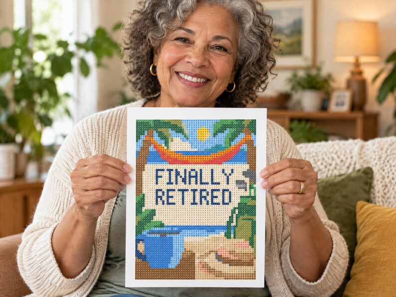 May include: A rectangular diamond painting craft project featuring a beach scene with palm trees, a hammock, and a blue mug. The text FINALLY RETIRED is printed in dark blue block letters in the center of the image against a light background.