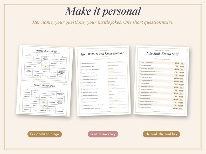 May include: Three printable game sheets for a bridal shower featuring "Emma's Shower Bingo," "How Well Do You Know Emma?" and "Jake Said, Emma Said." The text "Make it personal" appears at the top with instructions. Labels below read "Personalized bingo," "Quiz answer key," and "He said, she said key."