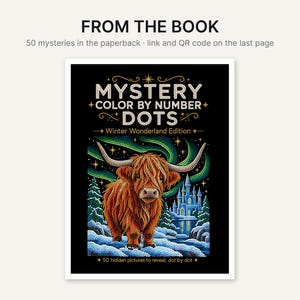 May include: A paperback book titled Mystery Color By Number Dots Winter Wonderland Edition featuring a brown highland cow, a blue castle, and green aurora borealis on a black background. The cover includes text about 50 mysteries and a QR code.