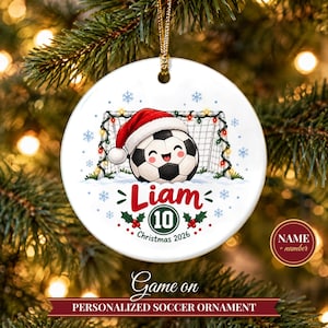 Soccer Ornament Christmas 2026, Soccer Player Gift for Boys Girls, Santa Hat Ball Custom Name Keepsake, Kids Sports Ceramic Tree Decor afbeelding 1