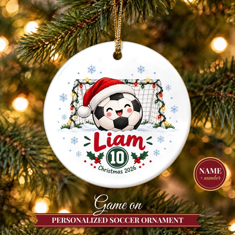 Soccer Ornament Christmas 2026, Soccer Player Gift for Boys Girls, Santa Hat Ball Custom Name Keepsake, Kids Sports Ceramic Tree Decor afbeelding 1