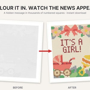 Op de afbeelding: Een printbaar activiteitenblad met een raster van genummerde vierkantjes. De tekst luidt COLOUR IT IN. WATCH THE NEWS APPEAR. A hidden message in thousands of numbered squares. De voltooide versie toont een roze strik, bloemen, een kinderwagen, een rammelaar en de tekst IT'S A GIRL! in een pixelstijl.