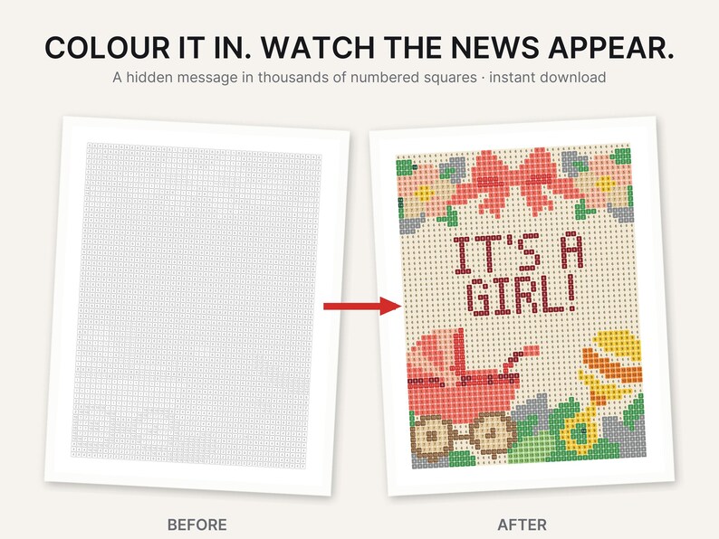 Op de afbeelding: Een printbaar activiteitenblad met een raster van genummerde vierkantjes. De tekst luidt COLOUR IT IN. WATCH THE NEWS APPEAR. A hidden message in thousands of numbered squares. De voltooide versie toont een roze strik, bloemen, een kinderwagen, een rammelaar en de tekst IT'S A GIRL! in een pixelstijl.