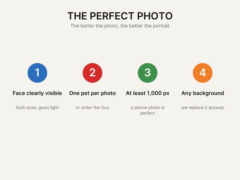 K&ouml;nnte beinhalten: Eine Informationsgrafik mit dem Titel THE PERFECT PHOTO und dem Untertitel The better the photo, the better the portrait. Sie zeigt vier nummerierte Kreise in Blau, Rot, Gr&uuml;n und Orange, die Anforderungen f&uuml;r Haustierfotos auflisten, darunter Gesichtssichtbarkeit, ein Haustier pro Foto, 1.000 px Aufl&ouml;sung und Hintergrundflexibilit&auml;t.
