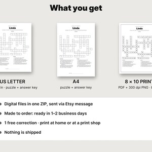 May include: Three white pages featuring crossword puzzles with the name Linda at the top. The formats include US Letter 8.5 x 11 inches, A4, and an 8 x 10 inch print. The text includes puzzle and answer key labels, PDF and 300 dpi PNG file formats.