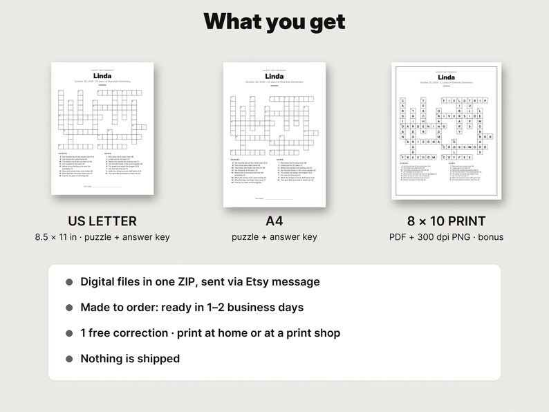 May include: Three white pages featuring crossword puzzles with the name Linda at the top. The formats include US Letter 8.5 x 11 inches, A4, and an 8 x 10 inch print. The text includes puzzle and answer key labels, PDF and 300 dpi PNG file formats.