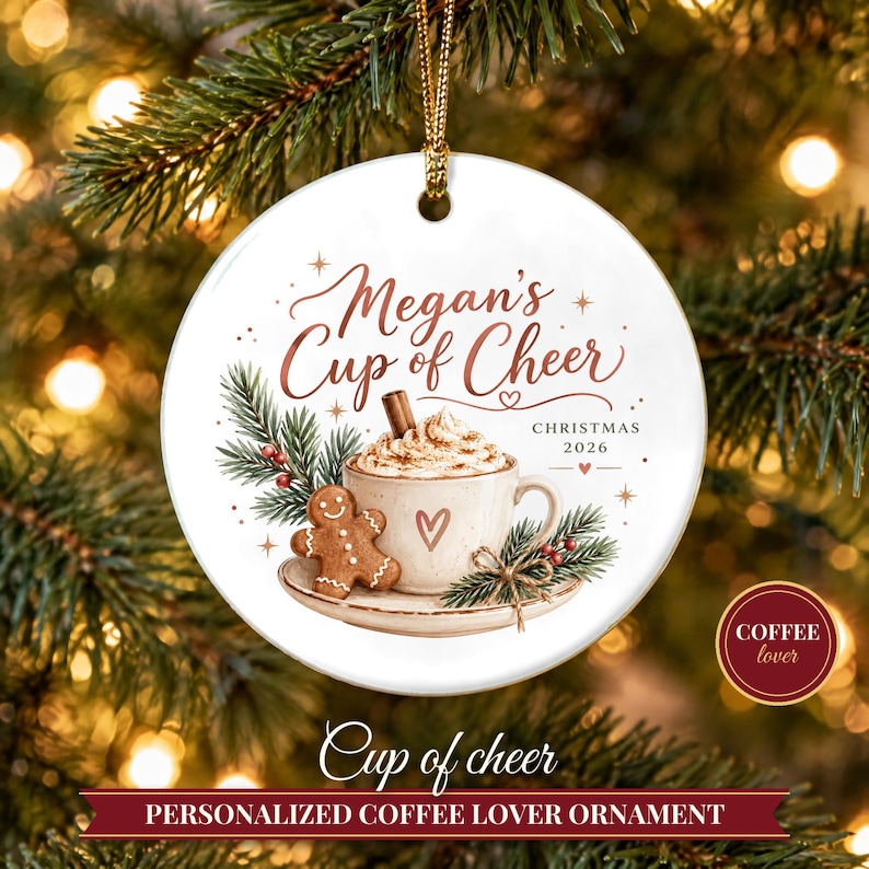 Coffee Lover Gift Christmas Ornament 2026, Latte Cup of Cheer Custom Name Keepsake, Gingerbread Cookie Barista Ceramic Tree Decor for Her image 1