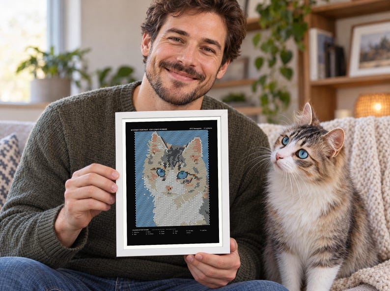 K&ouml;nnte beinhalten: Ein wei&szlig; gerahmter Druck mit einem verpixelten Katzenportr&auml;t mit blauen Augen vor hellblauem Hintergrund. Das Kunstwerk enth&auml;lt Text oben und unten sowie einen schwarzen Rand, der das zentrale Katzenbild innerhalb des wei&szlig;en Rahmens umgibt.
