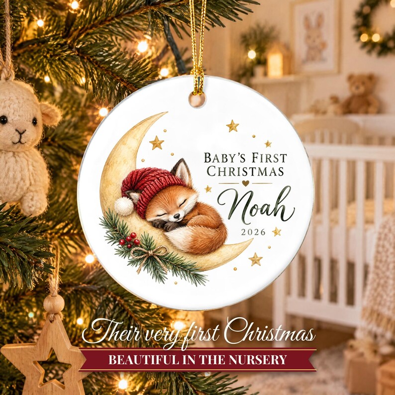 Baby First Christmas Ornament 2026, Woodland Fox on the Moon Keepsake with Name, Newborn Gift for New Parents, Nursery Decor immagine 10