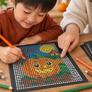 May include: A color-by-number activity sheet featuring a pumpkin design on a black background, with a grid of numbered circles to be filled in with colored pencils. The image shows a partially completed pumpkin illustration with orange, yellow, and green tones.