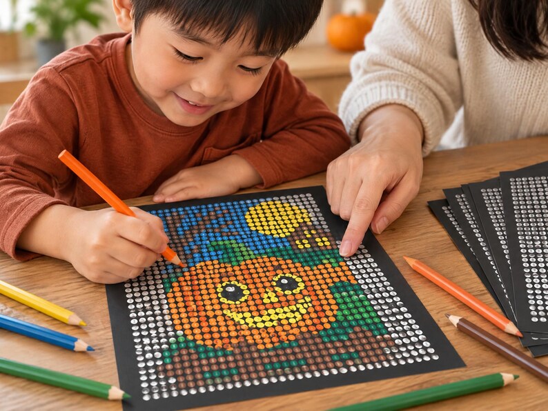 May include: A color-by-number activity sheet featuring a pumpkin design on a black background, with a grid of numbered circles to be filled in with colored pencils. The image shows a partially completed pumpkin illustration with orange, yellow, and green tones.
