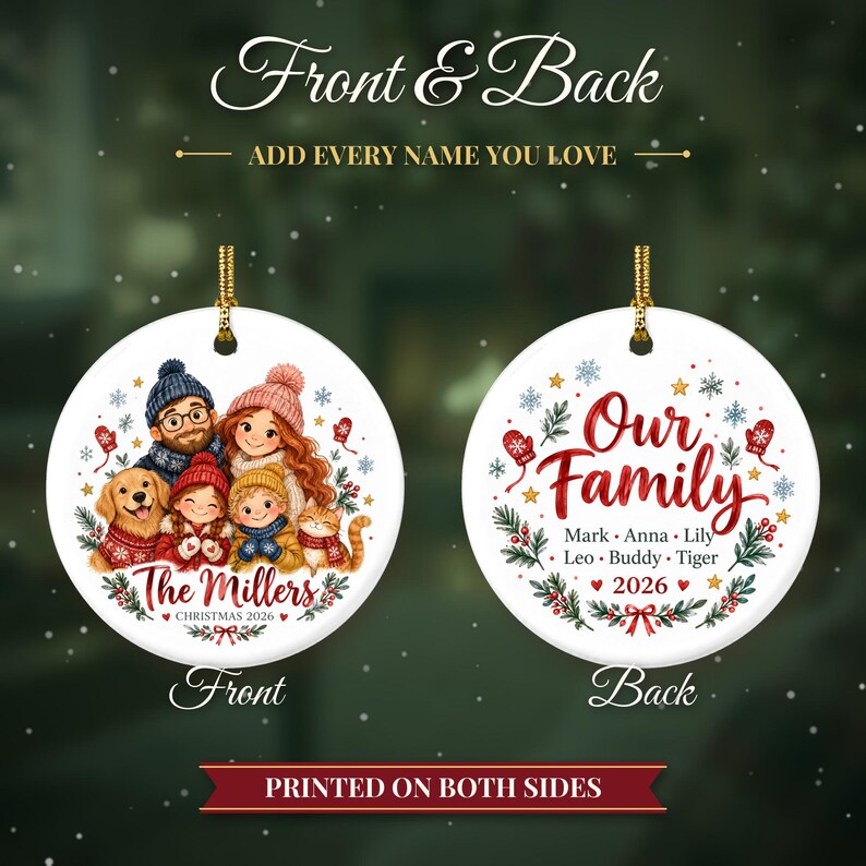 Family Christmas Ornament 2026 from Photo, 2 Sided Custom Cartoon Portrait with Pets and Names, Family of 4 5 6, Keepsake for Grandparents bild 3