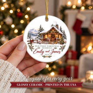 First Christmas Married Ornament 2026, Winter Cabin Mr and Mrs Keepsake, Newlywed Gift for Couple, Custom Wedding Ornament image 12