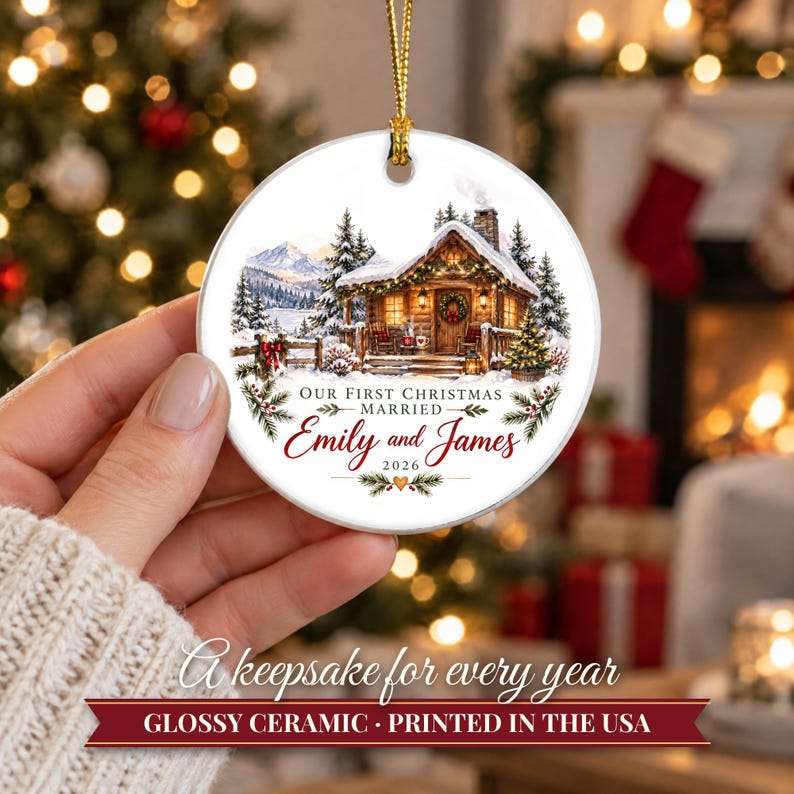 First Christmas Married Ornament 2026, Winter Cabin Mr and Mrs Keepsake, Newlywed Gift for Couple, Custom Wedding Ornament image 12