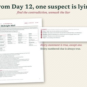 May include: A printed logic puzzle sheet titled The Midnight Mail, dated 15 December 1966. The document features a list of suspects, weapons, locations, and motives, followed by numbered clues and statements. The text reads From Day 12, one suspect is lying, find the contradiction, unmask the liar, and Every statement is true, except one. Every numbered clue is always true.