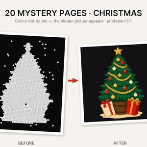 Op de afbeelding: Een printbare PDF getiteld 20 MYSTERY PAGES CHRISTMAS met een punt-tot-punt activiteit. De voor-afbeelding toont een zwarte achtergrond met witte stippen in de vorm van een boom, de na-afbeelding toont een versierde kerstboom met cadeautjes.