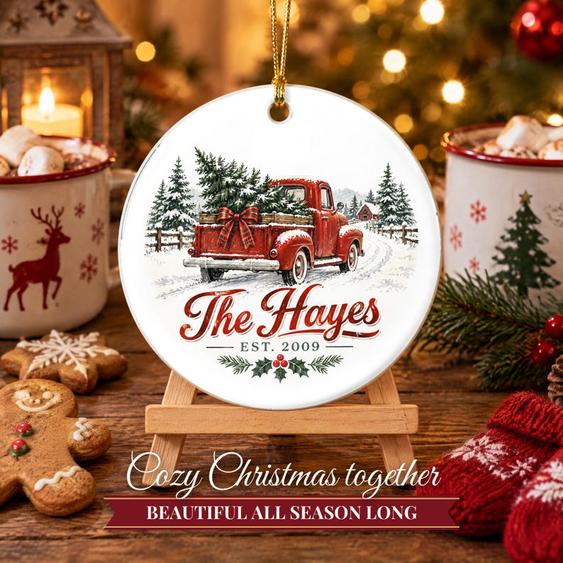 Red Truck Ornament Christmas 2026, Vintage Pickup Family Name Keepsake, Farmhouse Christmas Tree Decor, Est Year Custom Ceramic Gift image 8