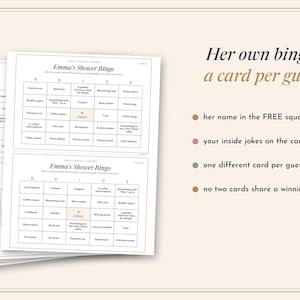 May include: A stack of white bridal shower bingo cards with black text and a grid layout. The cards feature the title Emma's Shower Bingo and a central free square labeled Emma. Text on the right side lists features including her name in the free square, custom jokes, unique cards per guest, and no shared winning lines.