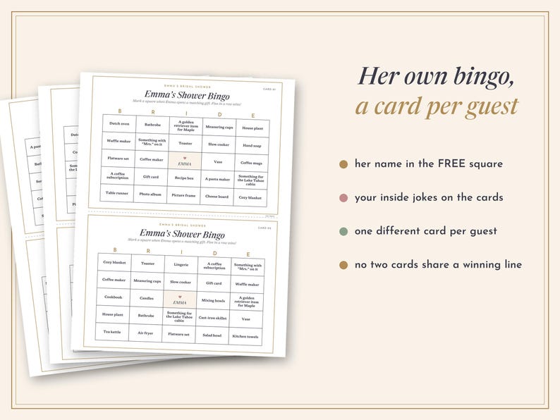 May include: A stack of white bridal shower bingo cards with black text and a grid layout. The cards feature the title Emma's Shower Bingo and a central free square labeled Emma. Text on the right side lists features including her name in the free square, custom jokes, unique cards per guest, and no shared winning lines.