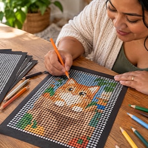 May include: A color-by-number activity sheet featuring a pixelated orange cat illustration on a black background. The sheet contains a grid of numbered circles to be filled with colored pencils, with several pencils scattered nearby.