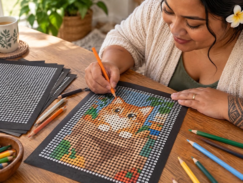 May include: A color-by-number activity sheet featuring a pixelated orange cat illustration on a black background. The sheet contains a grid of numbered circles to be filled with colored pencils, with several pencils scattered nearby.