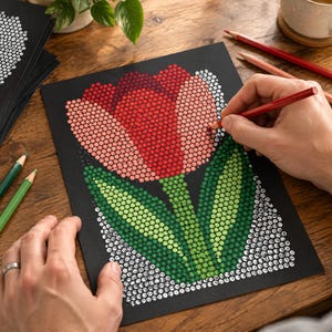 May include: A black sheet of paper featuring a dot-to-dot style tulip illustration with a red and pink flower head and green leaves. The design is composed of numerous small circles, some filled with color and others left white for completion.